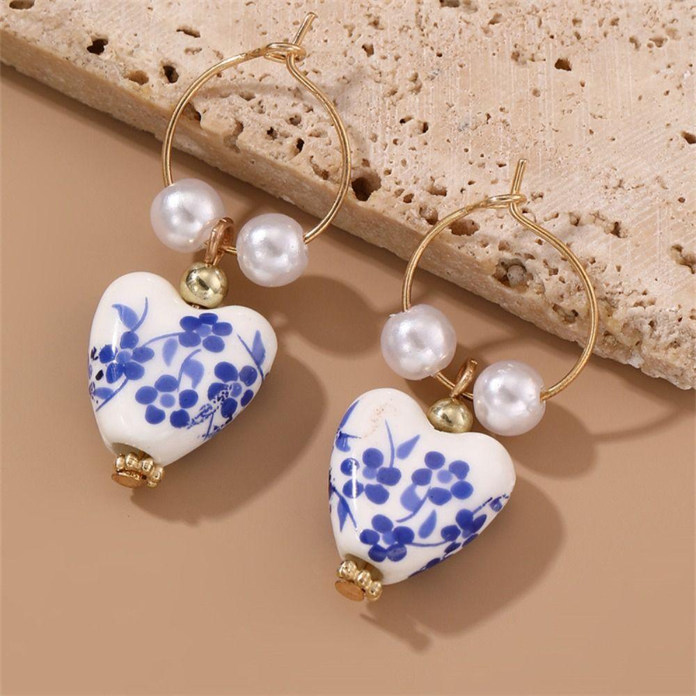 Ceramics Blue and White Porcelain Earrings Bohemia Earrings Flower Beaded Earring  Birthday Gift