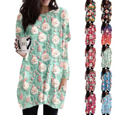 Женская толстовка с круглым вырезом и принтом, платье-рубашка с длинными рукавами и принтом, пуловер свободного покроя, свободный крой, топы с карманами