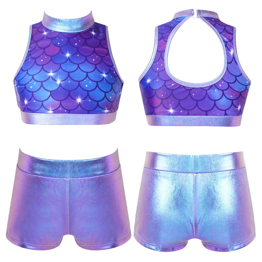 Детский комплект танцевальной одежды из двух предметов для девочек, укороченный топ без рукавов с блестками и металлическими штанами, танцевальный костюм в стиле джаз, хип-хоп