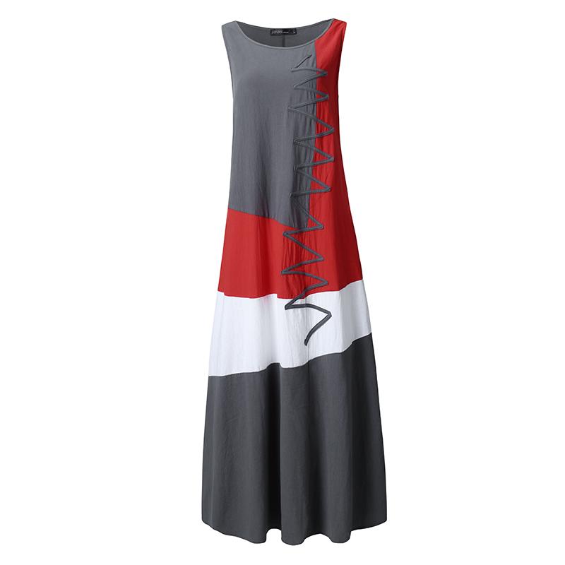 ZANZEA Женское хлопковое длинное платье без рукавов с круглым вырезом и летним винтажным принтом