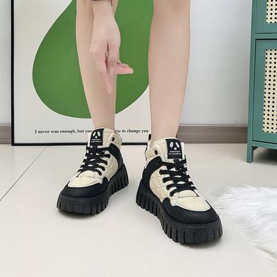 Модные высокие женские хлопковые туфли 2024 года, зимние новые плюшевые универсальные хлопковые туфли на толстой подошве, повседневные вулканизированные женские туфли