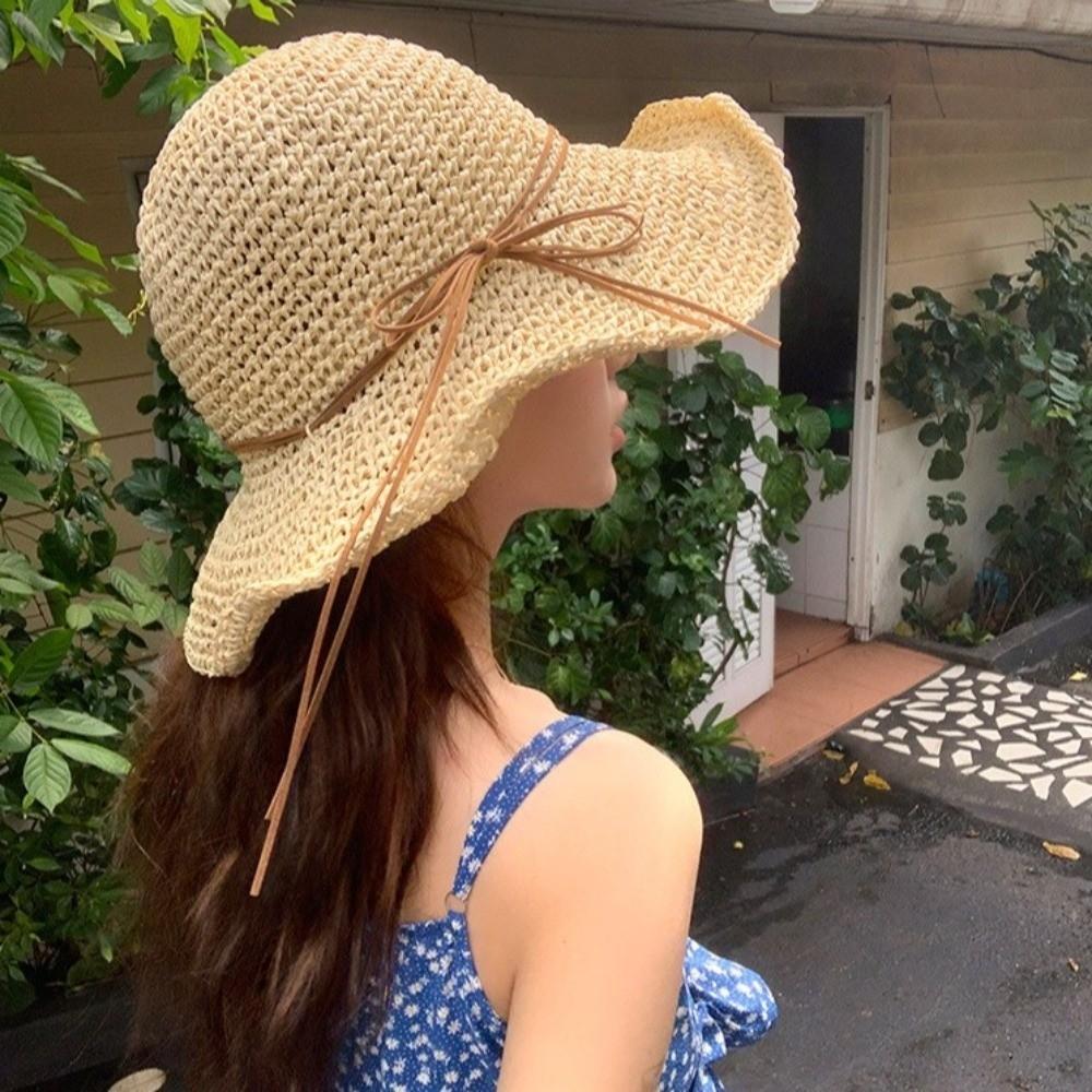 Straw Woven Seaside Sun Hat Sun Protection Bow Panama Hat Fashion Beach Fisherman Hat