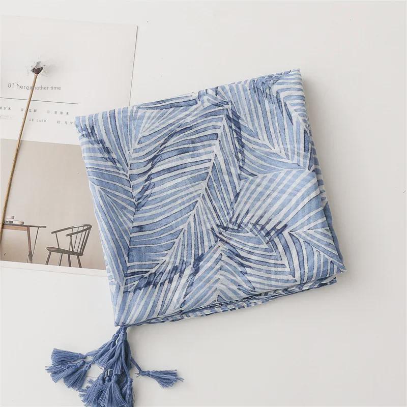 Синий шелковый шарф в стиле бохо с банановыми листьями - солнцезащитная шаль с кисточками