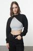 Women's Elegance Style Sweatshirt Black Asymmetrical Super Crop Crew Neck Thin Knitted Sweatshirt
