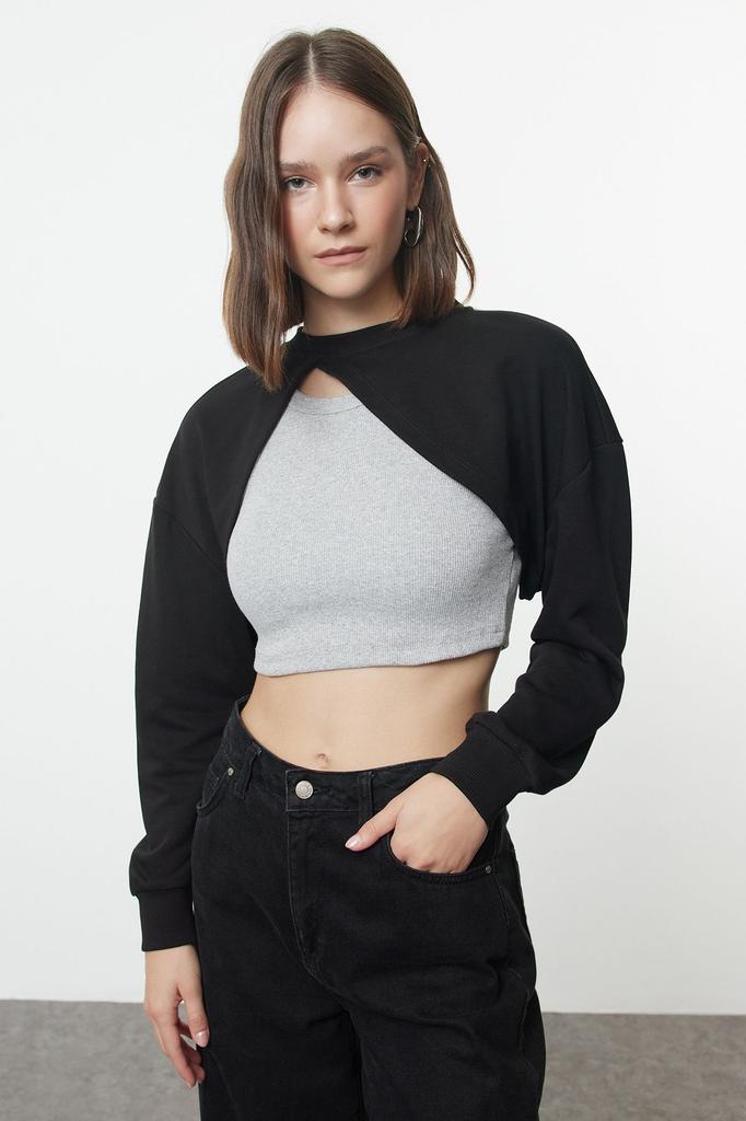 Women's Fashion Stylish Sweatshirt Black Asymmetrical Super Crop Crew Neck Thin Knitted Sweatshirt