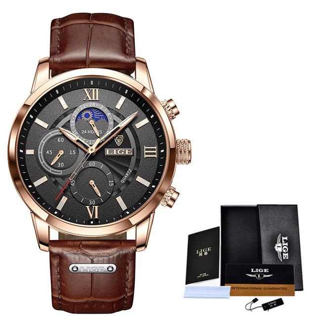 2021 LIGE Watches Mens Top Brand Luxury Clock Casual Leathe 24Hour Moon Phase Мужские часы Спортивные водонепроницаемые кварцевые хронографы + коробка