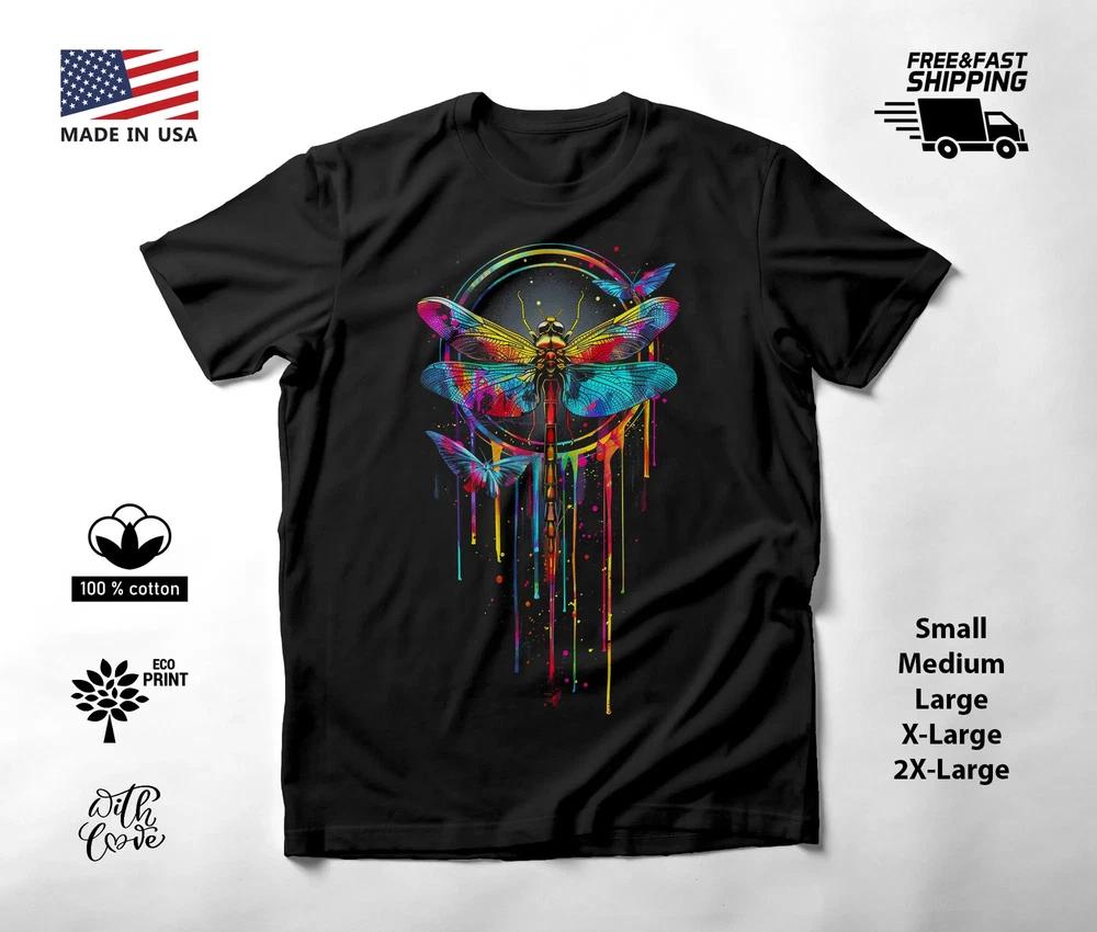 Dragonfly Neon Graphic T-Shirt Black Unisex S-2XL