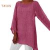Plus Size Women Fashion Solid Color O-Neck Long Sleeve Irregular Pure Colot Tunic Top T-Shirt