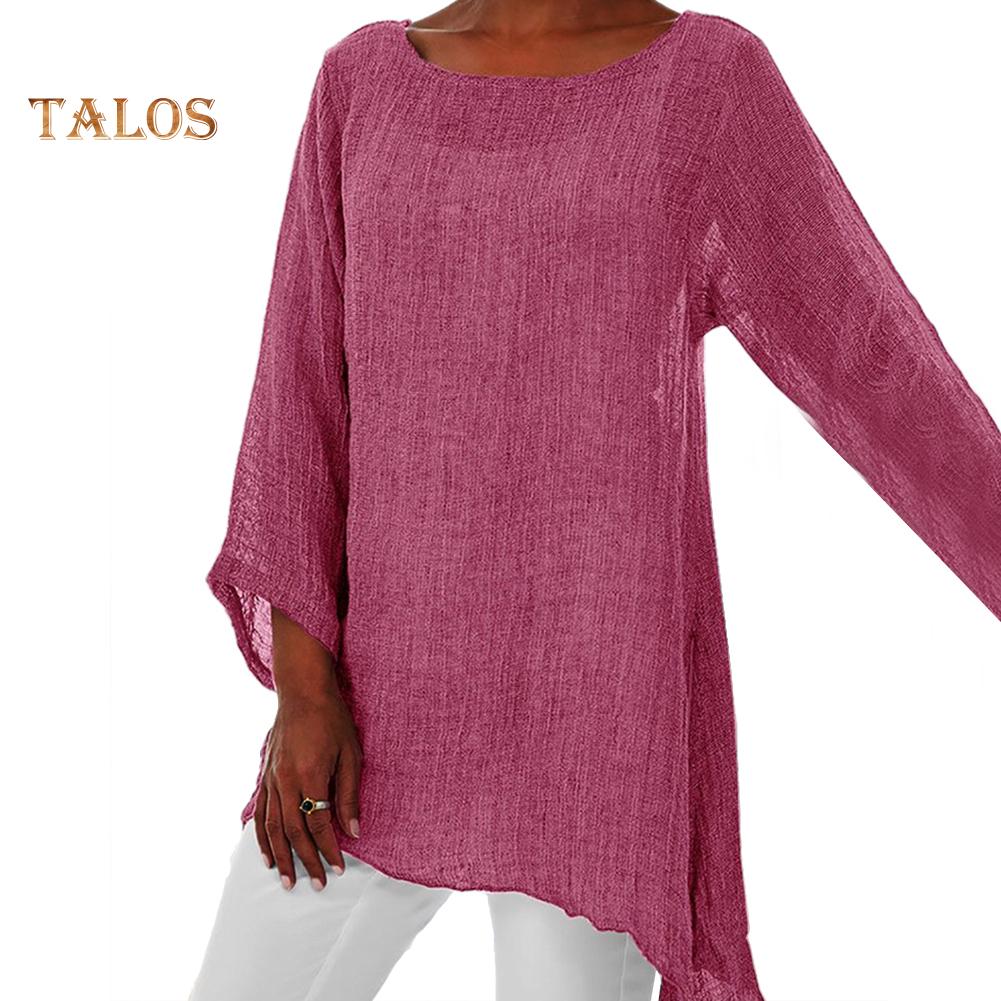 Plus Size Women Fashion Solid Color O-Neck Long Sleeve Irregular Pure Colot Tunic Top T-Shirt