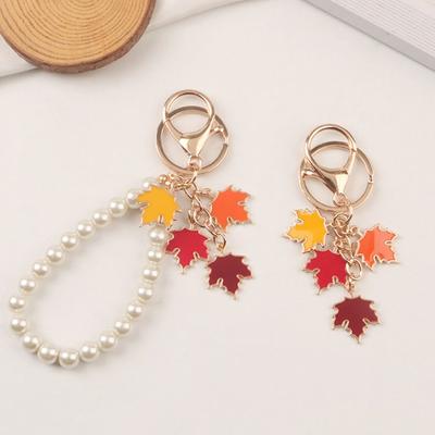 Maple Leaf Enamel Plant Key Rings with Pearl Lanyard Leaf Metal Keyring  Handbag