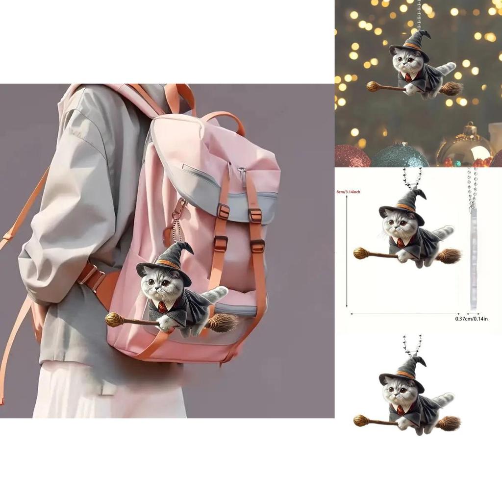 Minimalist Acrylic Flat Surface Car Charm With Magical Cat Riding Broom Design For Auto Interior Decoration