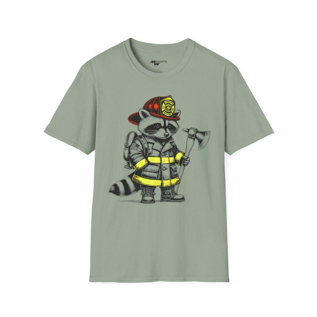 Firefighter Raccoon T-Shirt: Vintage Engraving, Fireman Animal Tee