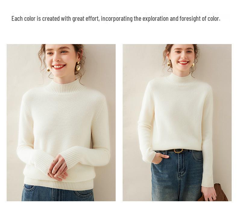 Женский кашемировый свитер однотонный с полувысоким воротом - Приталенный, свободного кроя, вязаный с длинным рукавом для осени/зимы.