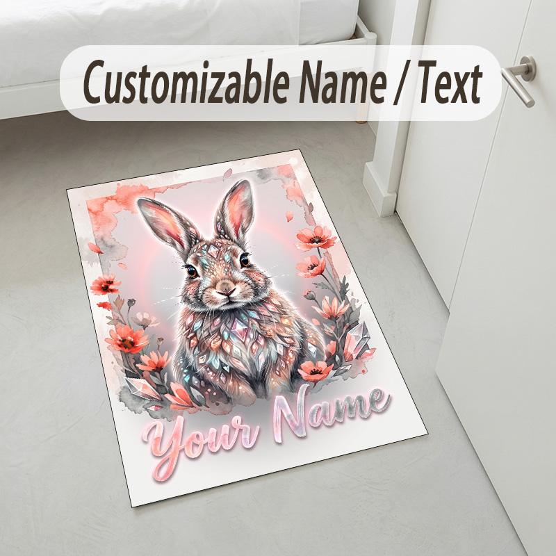 Easter Bunny Theme Crystal Velvet Rug Personalized Custom Name Text Soft Floor Mat Home Decor