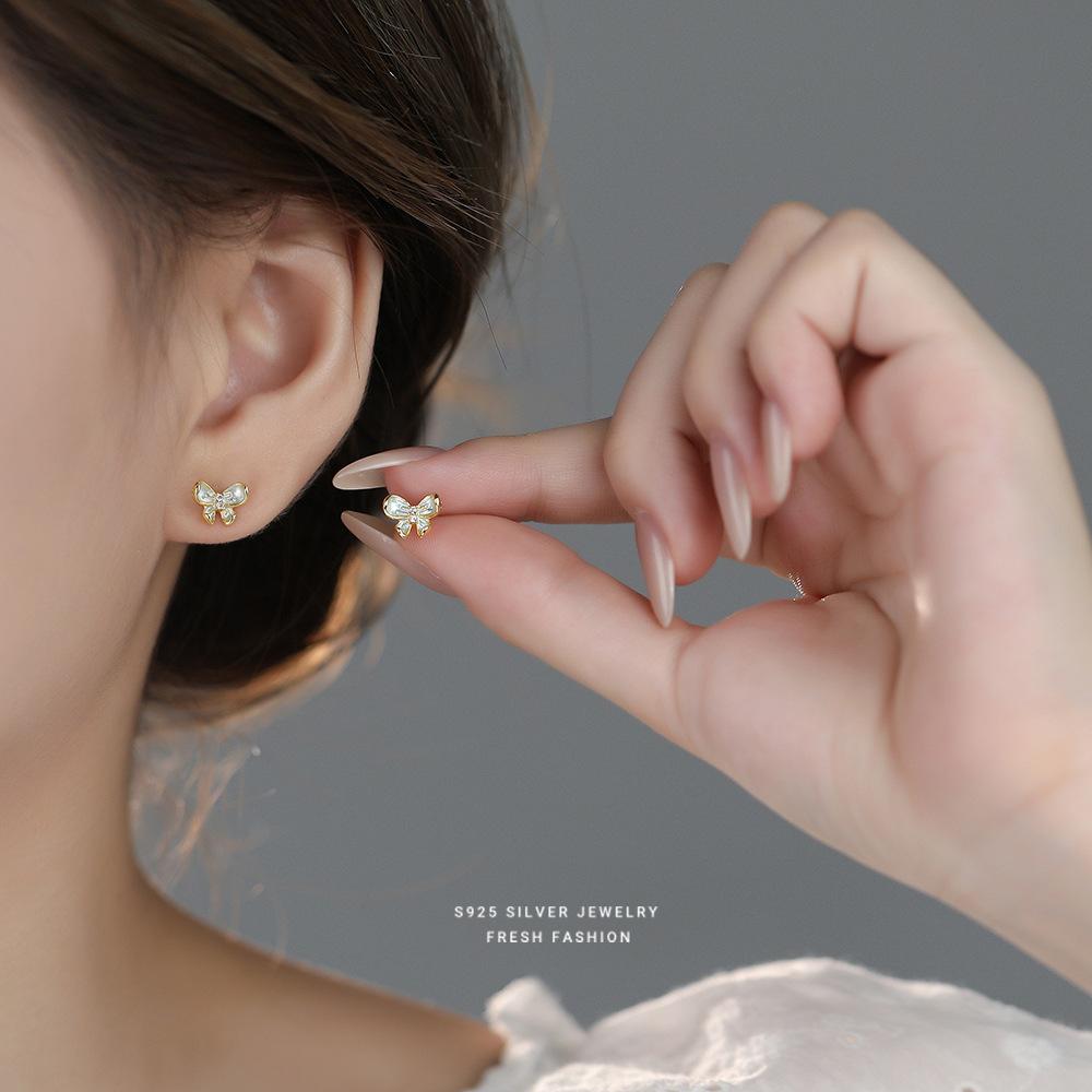 S925 Sterling Silver Gold Plated Butterfly Stud Earrings with Zircon, Dainty Fresh Fashion Jewelry for Women