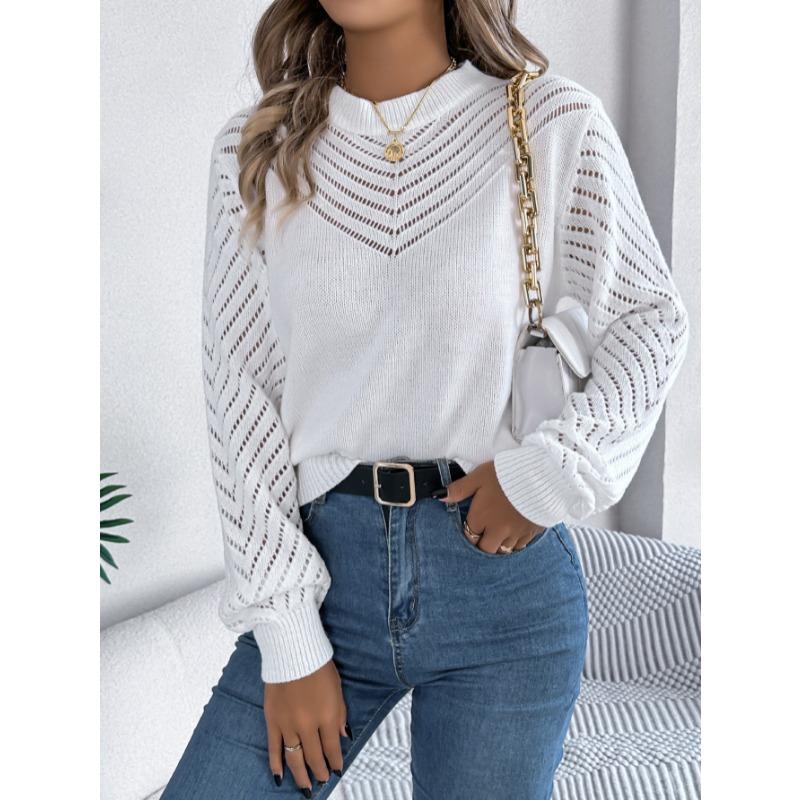 Elegant Round Neck Hollow Out Long Sleeve Pullover Sweater Women 2025 Fashion Sweet Autumn and Winter Casual Knitted Tops Solid Color Office Clothing