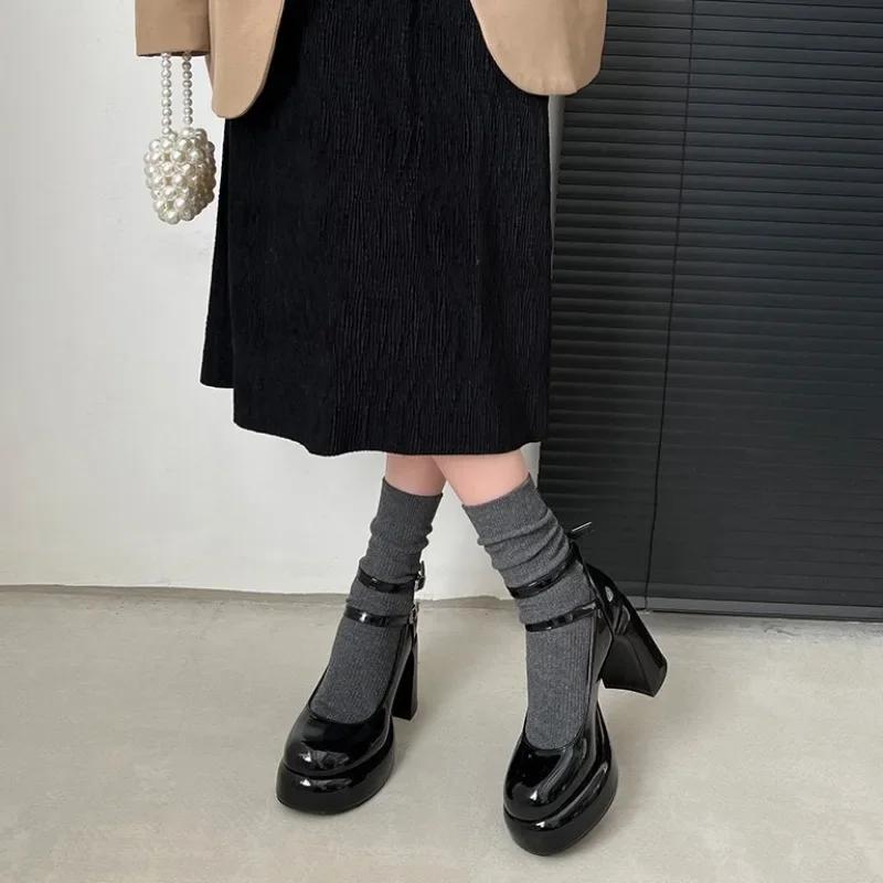 2024 High Heels Women's Spring Autumn Pumps Shoes Red Black Retro Thick Soled Mary Jane Shoes Ankle Buckle 9cm Chunky Heels Women