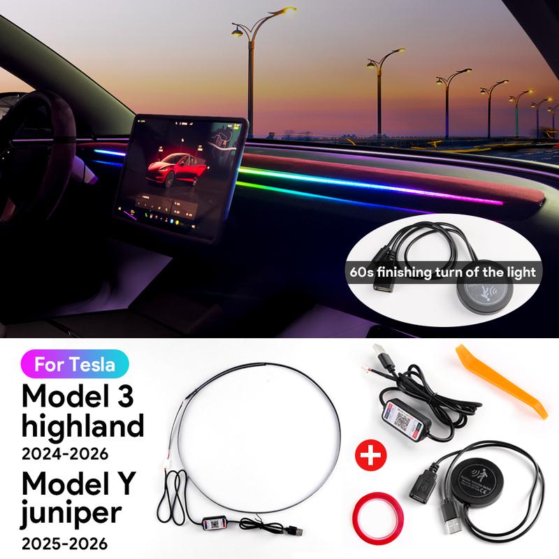 Для Tesla Model Y Juniper 2025 2026-ВЫПУСК Model 3 Highland 2024 Автомобильная светодиодная RGB подсветка салона Переднее лобовое стекло Управление Пульт дистанционного управления Лампа Симфония