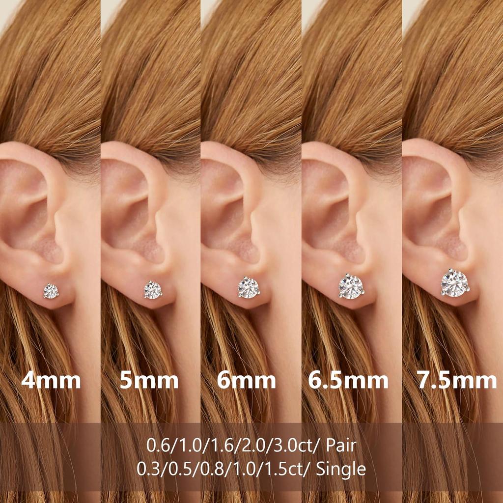 3 Pair Total 925 Metal Allergy Single Diamond Moissanite Stud for Both Birthday Day GRA Certificate Card [KRKC] Earrings, Moissanite, Prongs, 2.0ct,