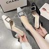 French 2025 Spring Foreign Trade New Square Buckle Sandals Bag Head Half Slippers High Heels Satin Square Head High Heels Women's Shoes