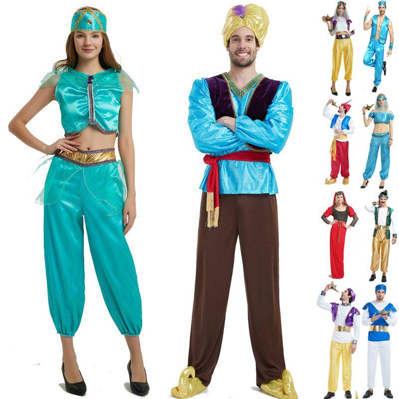 Яркий взрослый костюм Аладдина с волшебной лампой и принцессы Жасмин на Хэллоуин для вечеринок