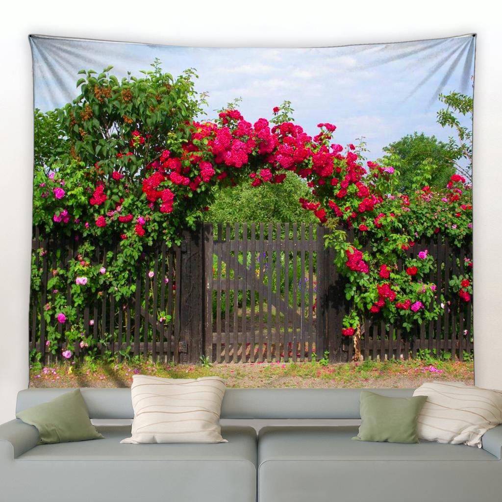 Гобелен с видом на сад, забор, натуральный цветок, растение, гобелен, настенный Гобелен для гостиной, общежития, эстетика, украшение дома