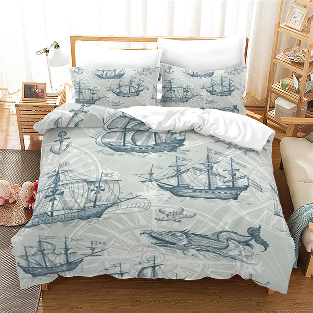 Pirate Ships Duvet Cover Set Vintage Nautical Style Comforter Cover Polyester Bedding Set Medieval Sailing Ship King Queen Size