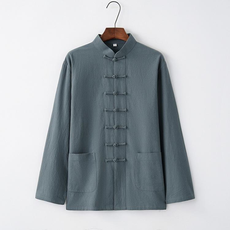 Мужской китайский хлопково-льняной костюм Тан с длинным рукавом и застежками-лягушками, рубашка для кунг-фу - Ханфу, топ для дзен-медитации для мужчин среднего и пожилого возраста (весна)