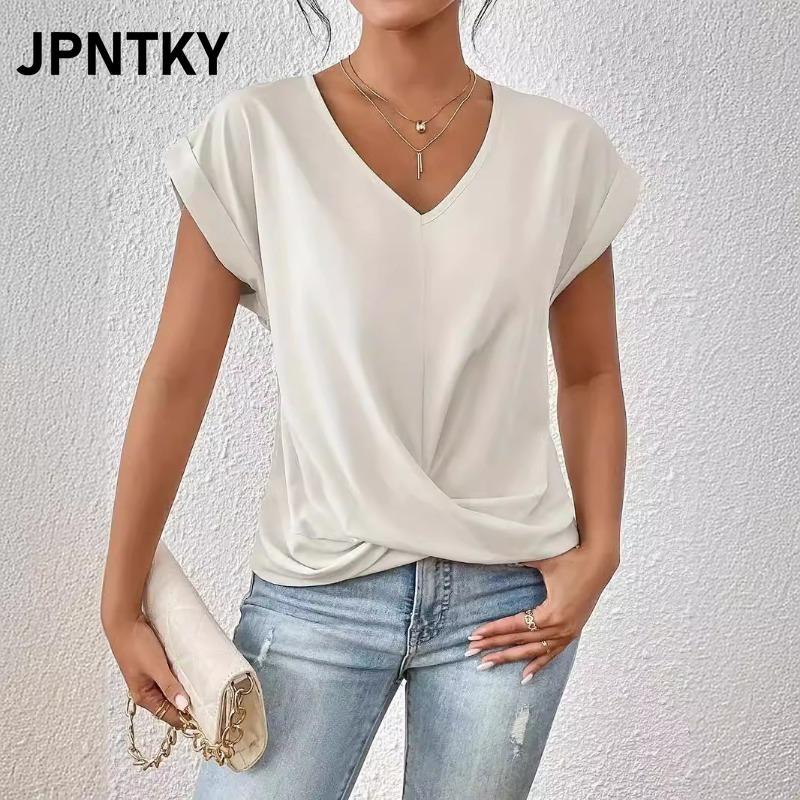JPNTKY Женская Модная Повседневная Однотонная Блузка/Рубашка с Принтом, Короткий Рукав, V-образный Вырез Международный Дизайн