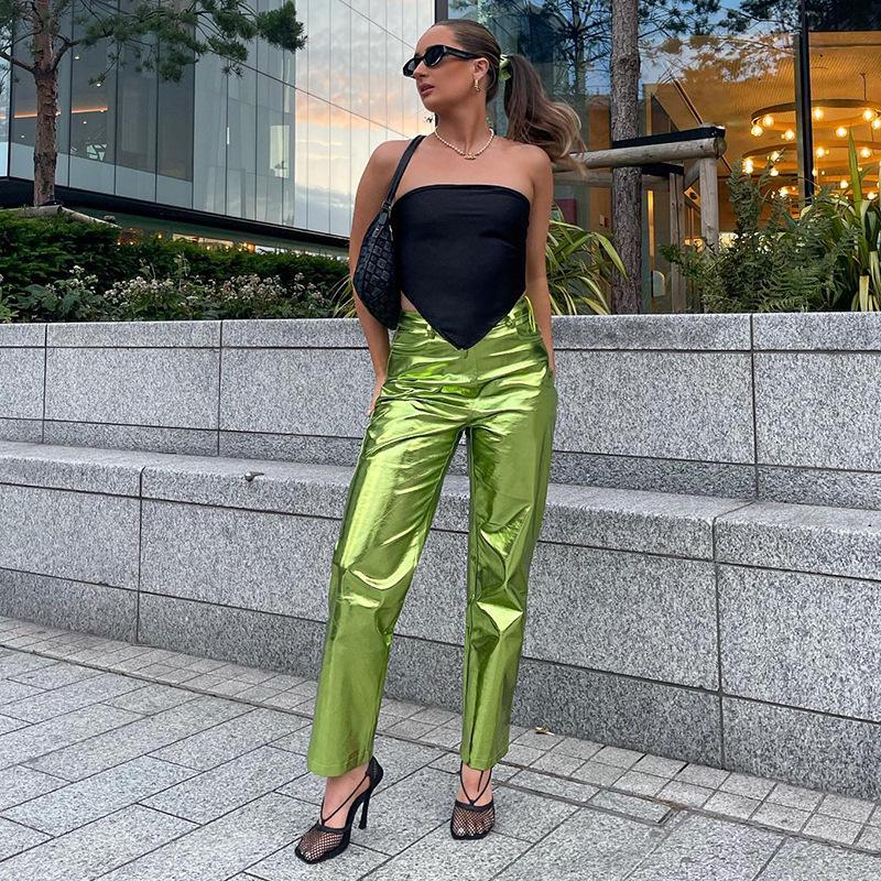 Женские брюки из искусственной кожи с высокой талией — мода осень/зима 2024 года, яркие цвета, повседневный стиль.