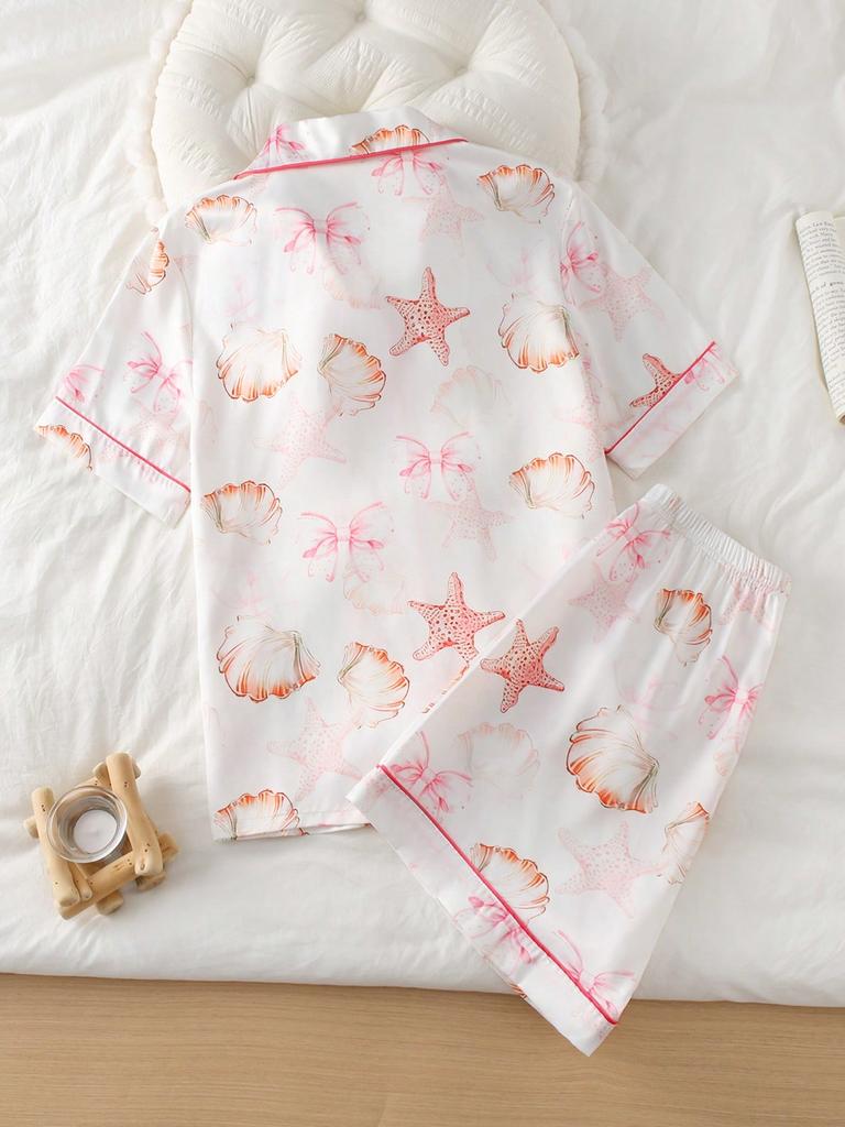 Teen Girls Satin Short Sleeve Pajama Set Seashell Starfish Print Lapel Button Top & Shorts Silky Soft Summer Sleepwear for Big Kids 13-16Y