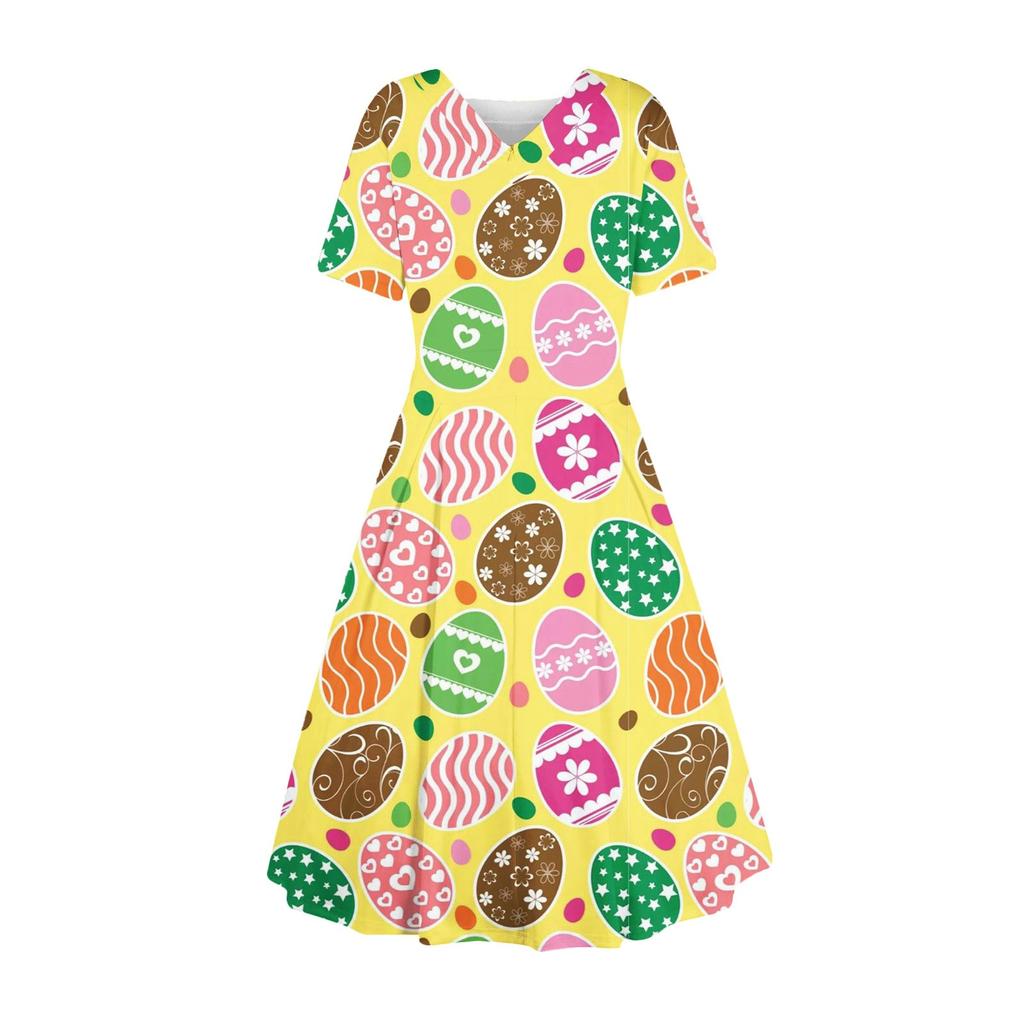 Женское повседневное модное платье с пасхальным принтом, круглое платье с коротким рукавом и талией, средней длины (с молнией)