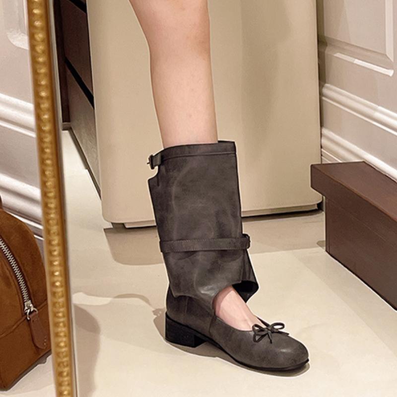 Retro Hollow Out Cool Shoes 2024 Womens Ballet Boots New Designer Bow Casual Boots Fashion Womens Low-heel Western Cowboy Boots