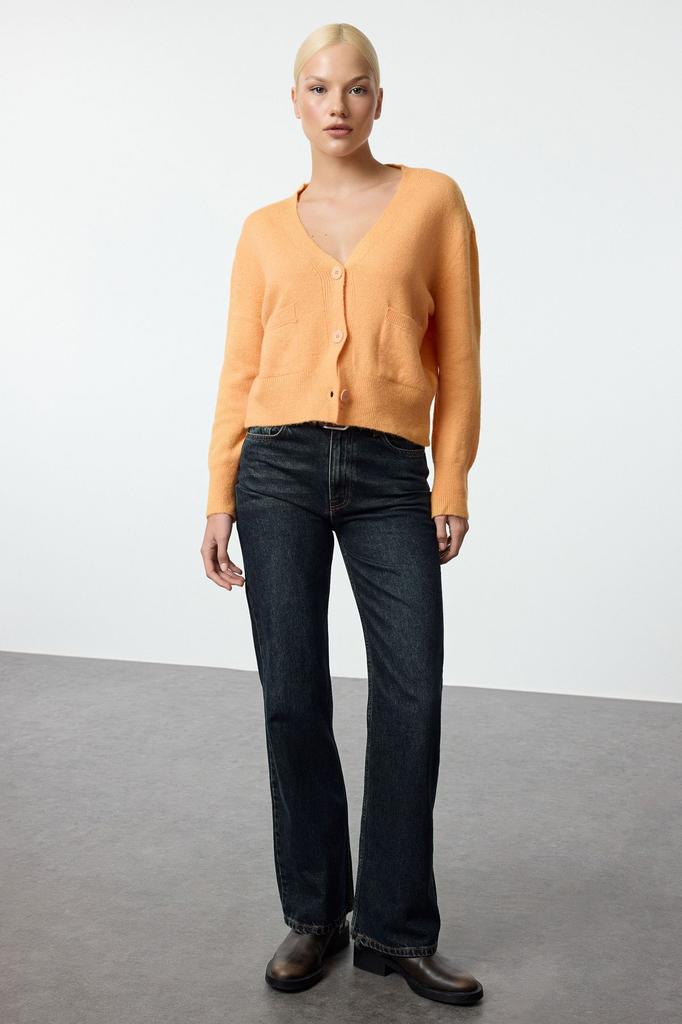 Women's Fashion Stylish Cardigan Ecru Wool Basic Crop Knitwear Cardigan