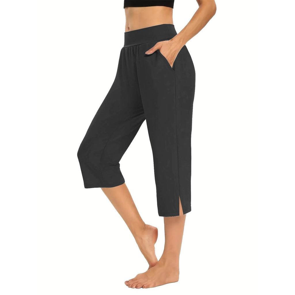 Women Elastic High Waist 3/4 Pant Casual Active Fit Wide Capris Leg Pants Trousers With Pockets