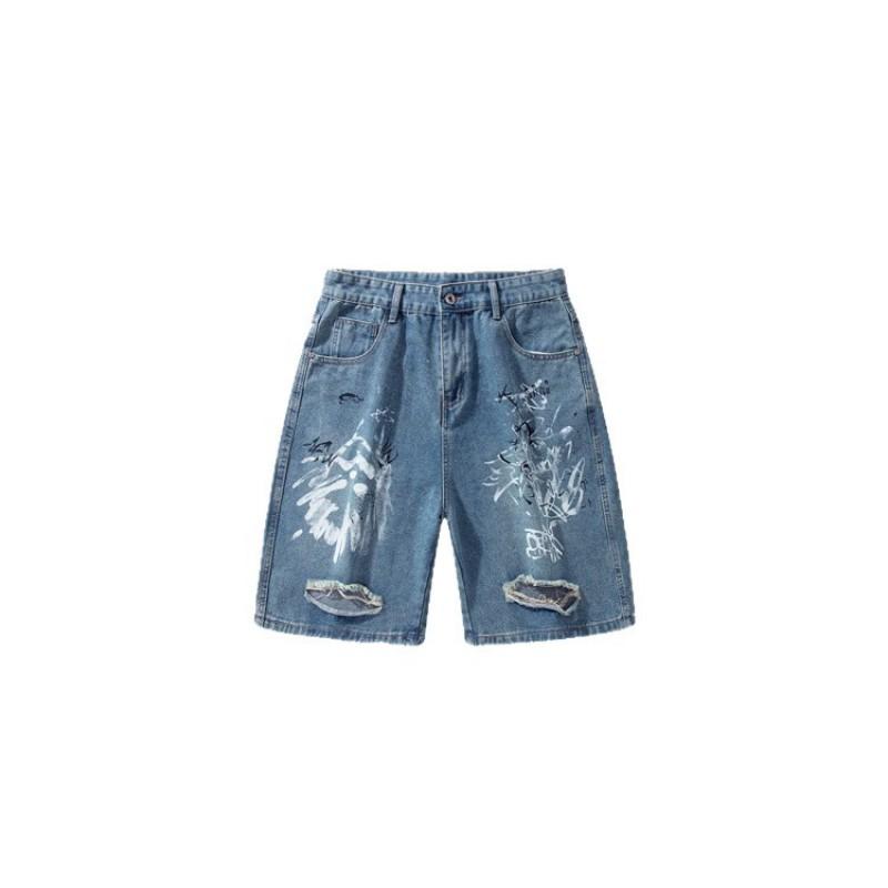 American Vintage Graffiti Denim Shorts Loose Wide Leg Distressed Raw Hem Casual Streetwear