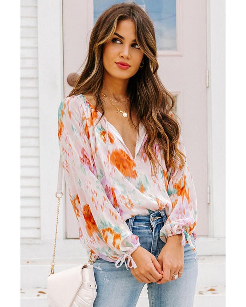 Azura Exchange Abstract Print Split Neck Puff Sleeve Blouse