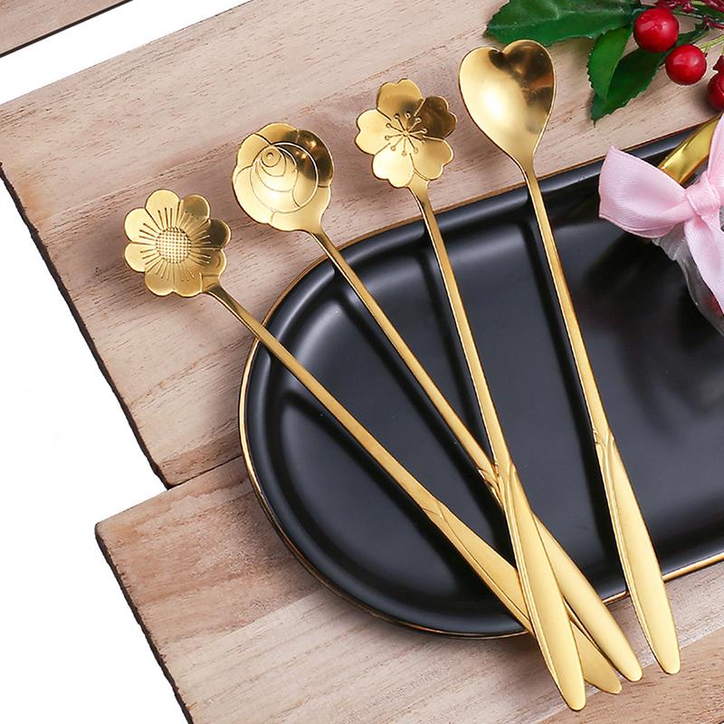 Набор из 4 цветочных ложек, маленькая чайная ложка, кофейная ложка, милая десертная ложка для мороженого, серебряная золотая посуда из нержавеющей стали, аксессуары