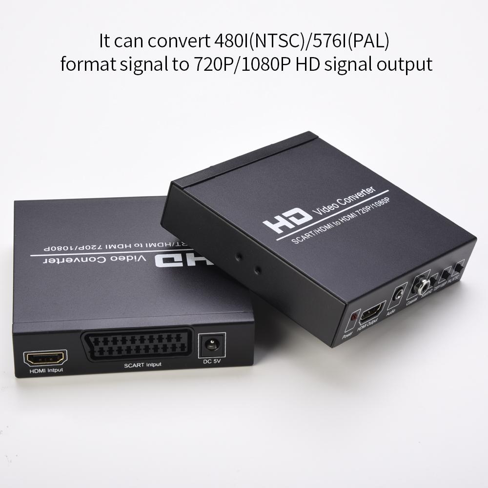 Конвертер видео SCART/HD в HD Поддержка переключателя 720P/1080P Переключатель PAL/NTSC SCART HD Вход HD 3,5 мм Аудио Коаксиальный выход Американская вилка