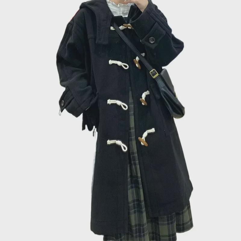 Женское шерстяное пальто свободного покроя с капюшоном — корейский стиль Хепберн для осени и зимы