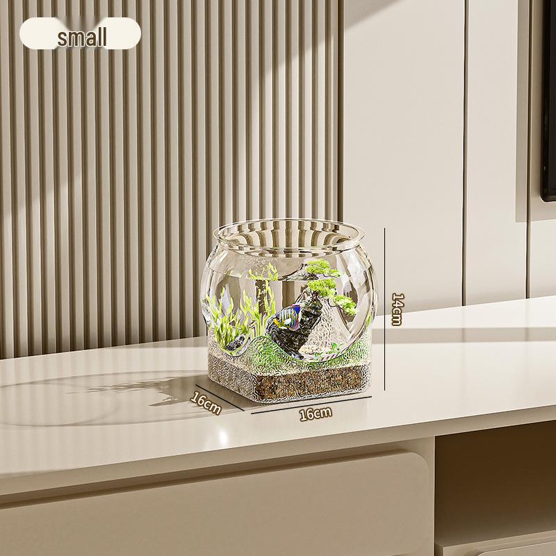 Compact Desktop Ecosystem Tank: Round Bottom, Ideal for Living Room or Study, Includes Decorative Micro Landscape and Small Fish Aquarium.