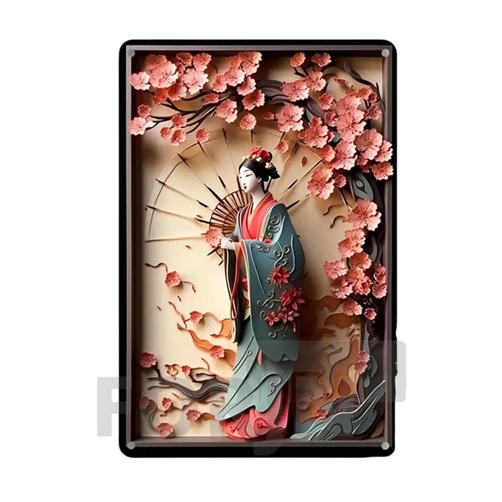 D Japanese Art Poster Kimono Cherry Blossoms elegant Retro Geisha Metal SignHomeRoomOfficeIzakayacafeStudio Wall Decor