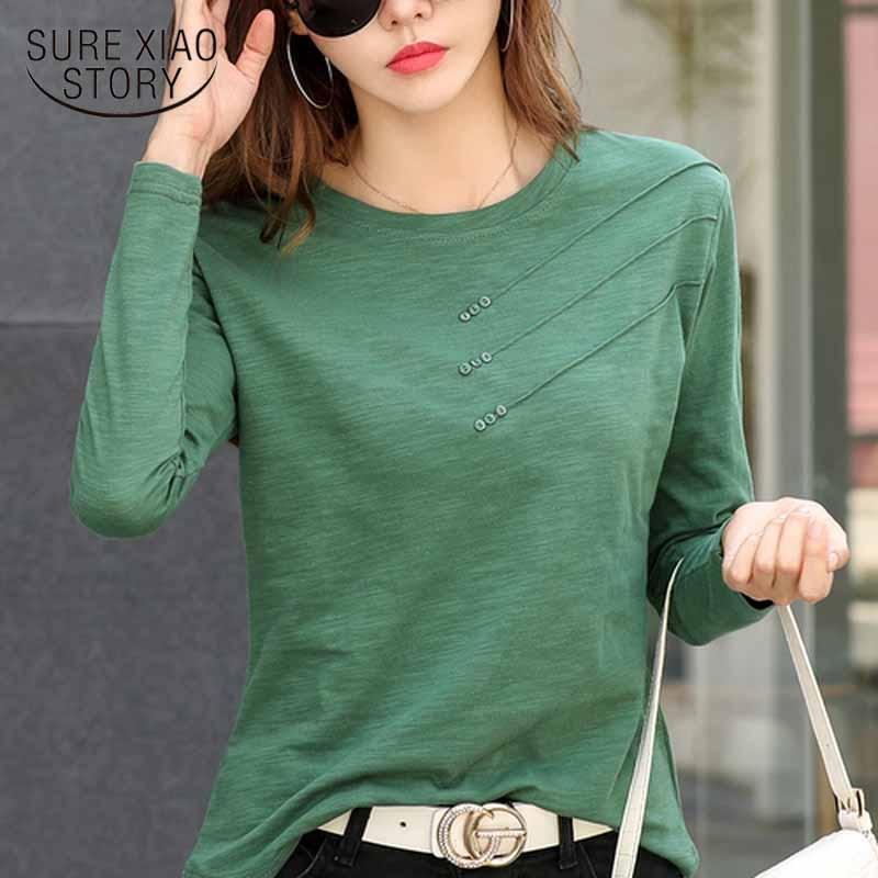 2023 Fashion O-neck Long Sleeve Shirt Women Tops Cotton T-shirt Autumn Solid Loose All-match Office Lady Korean Clothes 10800