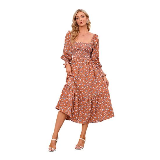 Женское платье с длинными рукавами, цветочным принтом, А-силуэтом, квадратным вырезом, миди-платьем, эластичным бюстом, открытой спиной, плиссированным подолом, весна-осень