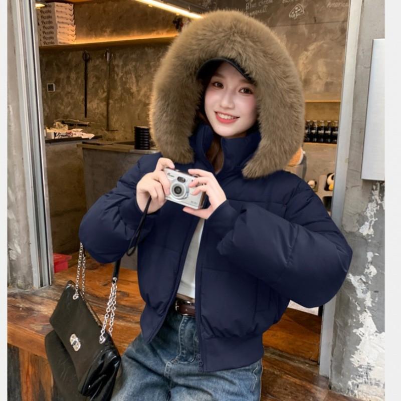 Womens Short Puffer Coat With Fur Hood Winter Warm Cotton Padded Jacket