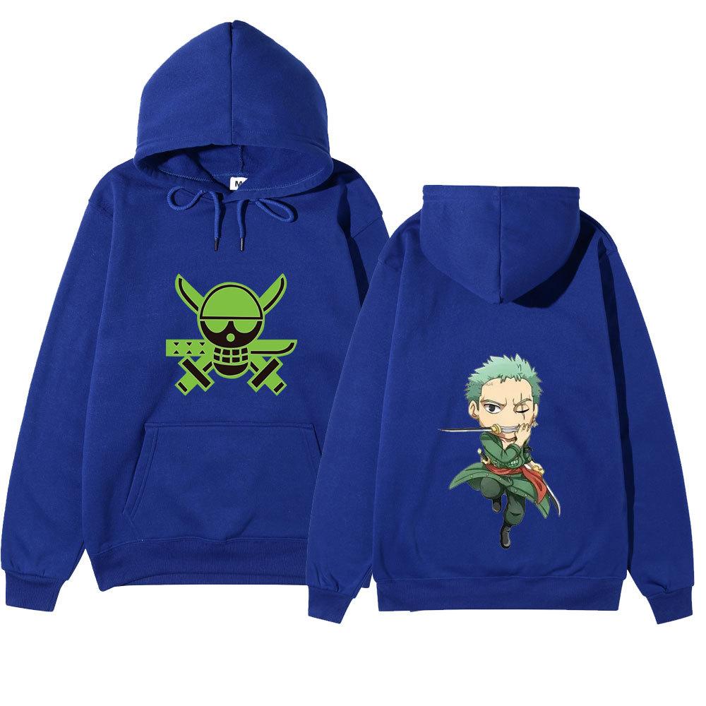 Unisex One Piece Roronoa Zoro Double‑Sided Print Fleece Hoodie, Pirate Skull on Front Chibi Zoro on Back Anime Pullover Hooded Sweatshirt Streetwear