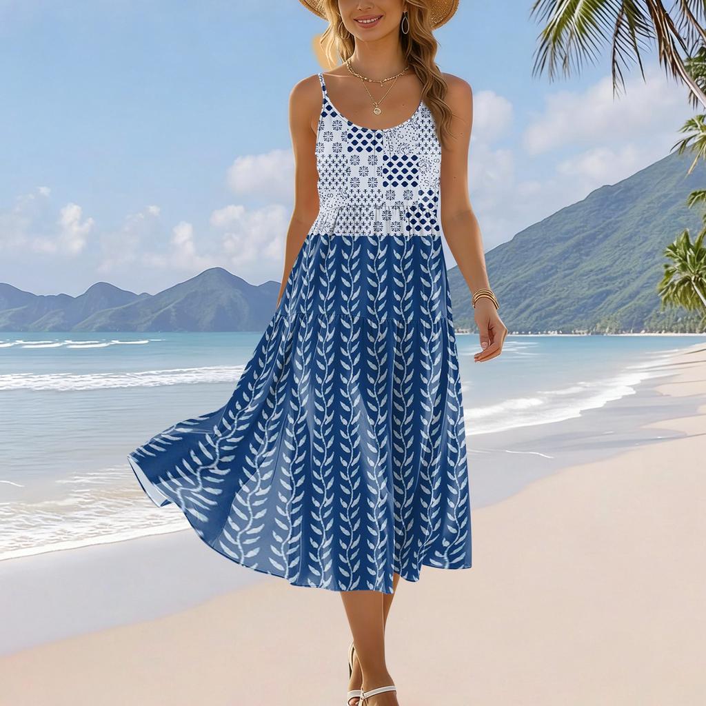 Women’s Sleeveless Floral Print Midi Dress with Adjustable Spaghetti Straps and Bohemian Patterned Hem for Summer Wear