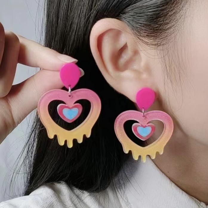 New Acrylic Printed Patchwork Earrings, Earrings, Fashionable and Personalized Love, Double Heart Rainbow Earrings, Ear Accessories for Women
