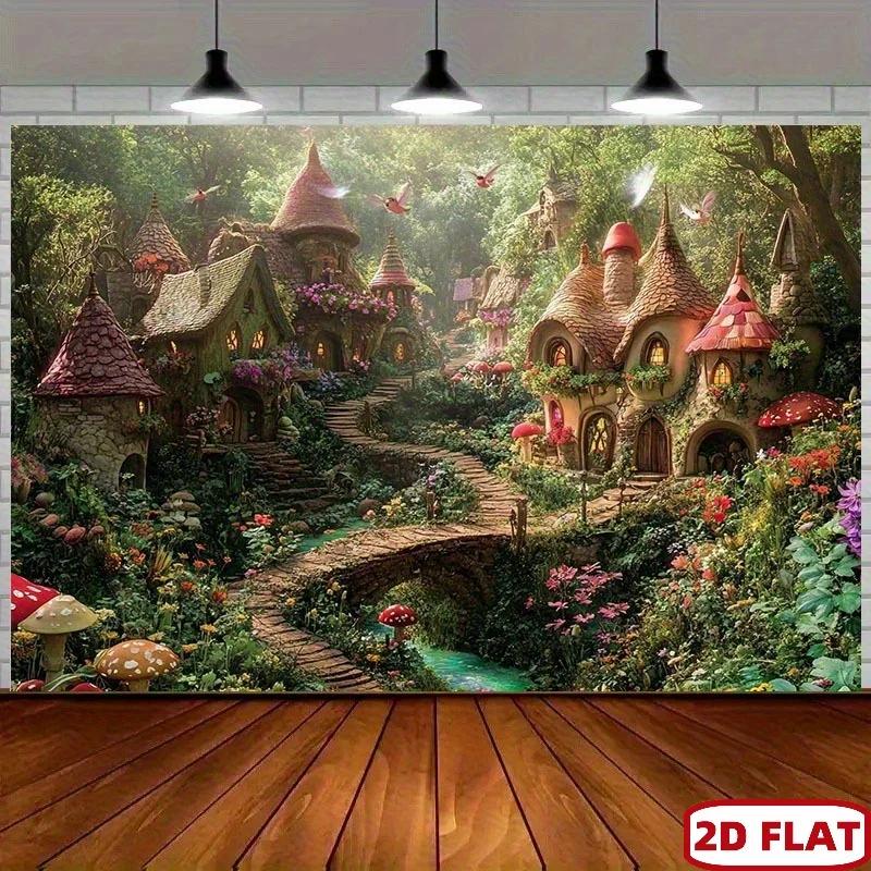 2D plane, 1 piece of magical forest fairy tale background wall, with illuminated elf houses and magical cabins scenesDJH