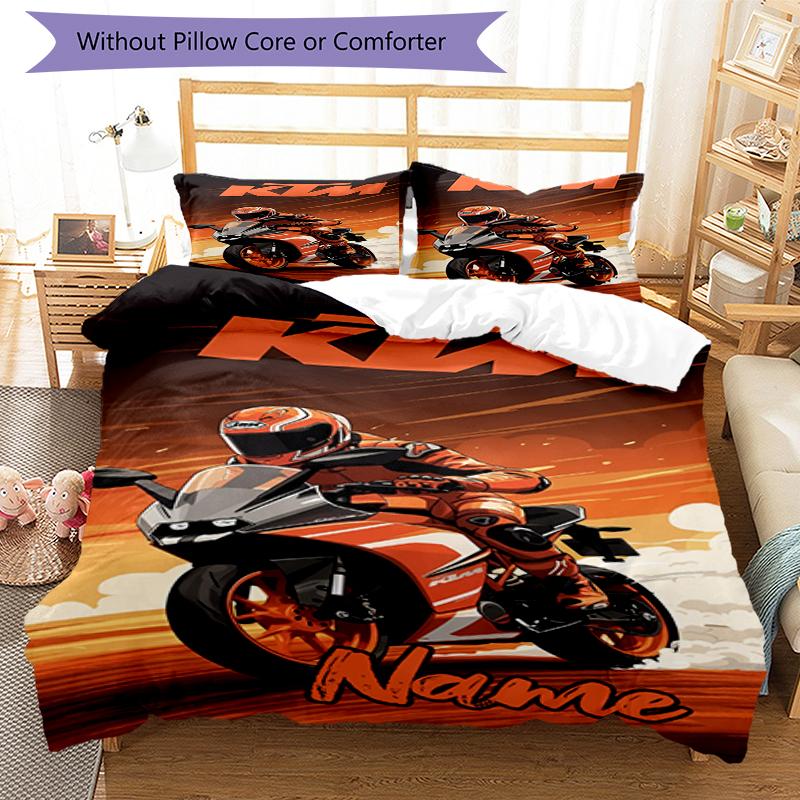 3pcs Custom Name Motorcycle Bedding Set Duvet Cover Closure Includes 1 Duvet Cover & 2 Pillowcases, Soft and Comfortable for All Seasons.